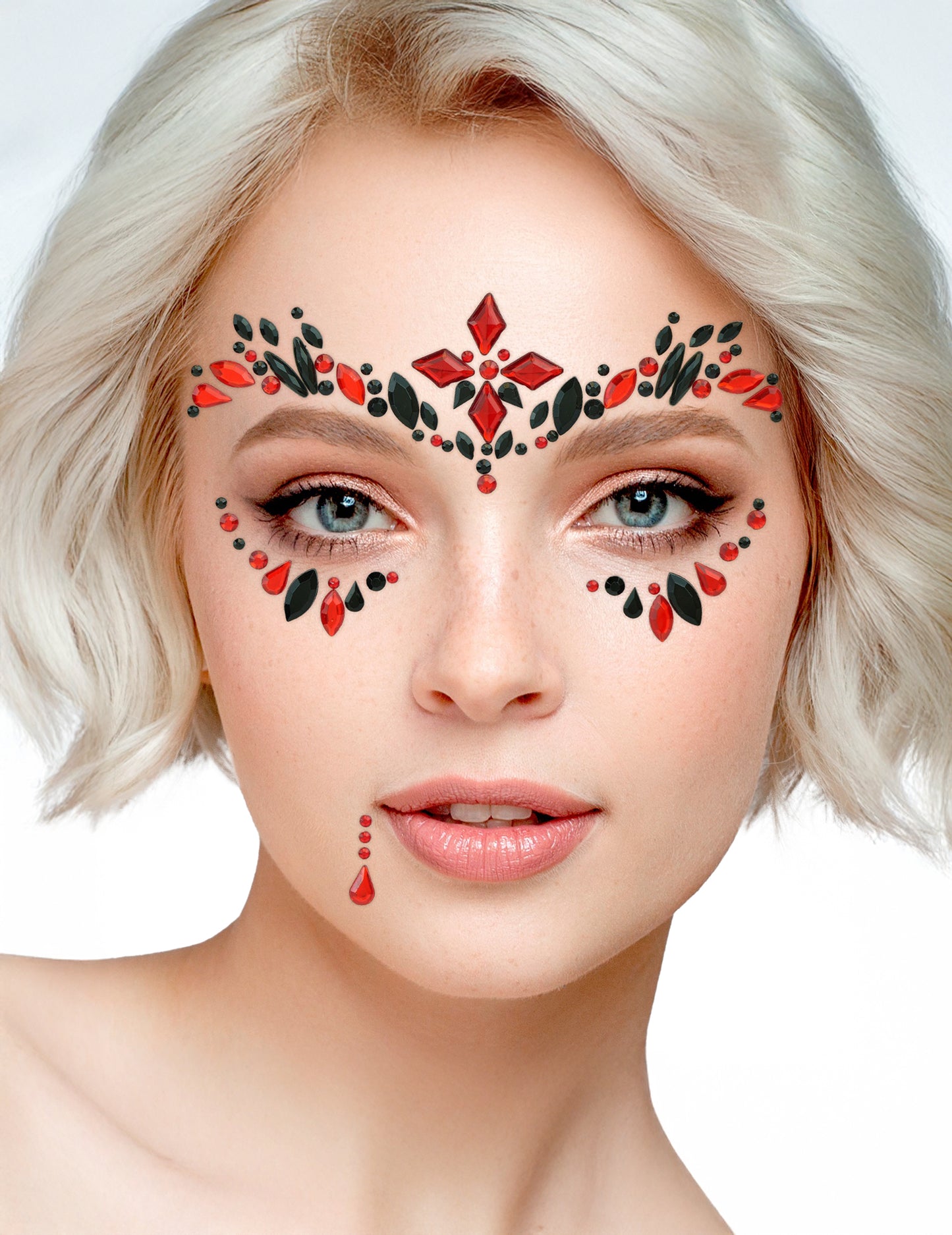 Strass adhésifs arlequin diabolique pour femme rouge et noir