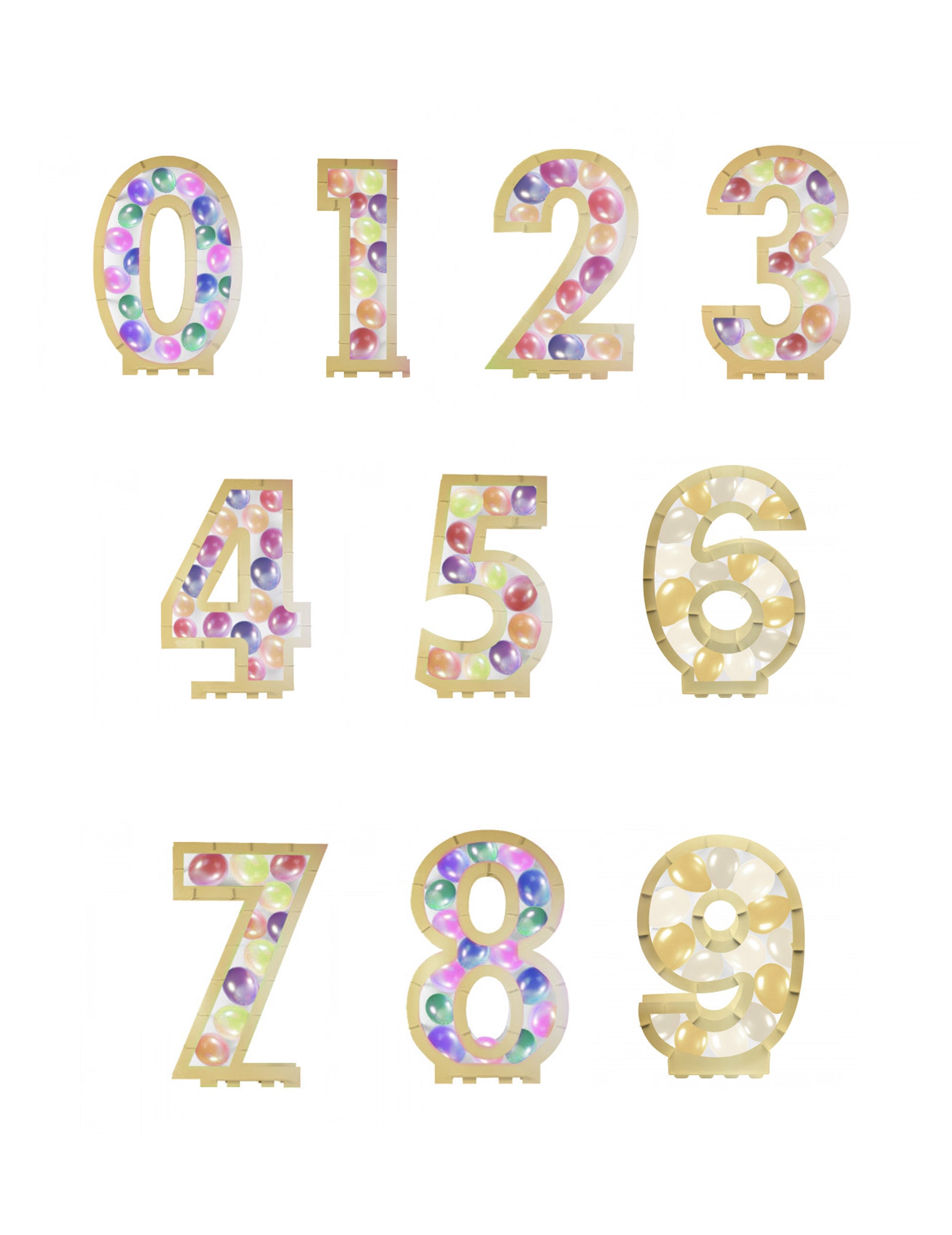 Vue d'ensemble des chiffres de 0 à 9 de la structure chiffre doré pour ballons en carton
