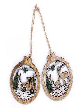 2 fa dísz függő hóerdő motívummal, 10 cm 