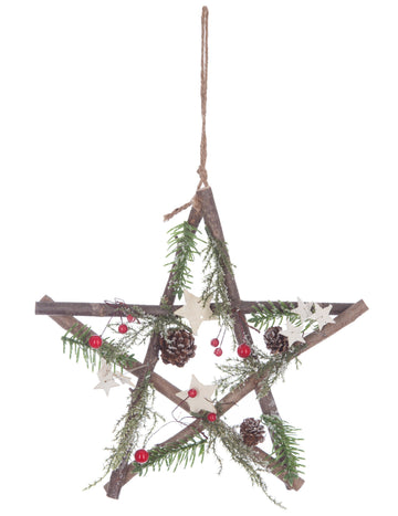 Fából készült függődísz csillag, tobozok és bogyók 28 cm 