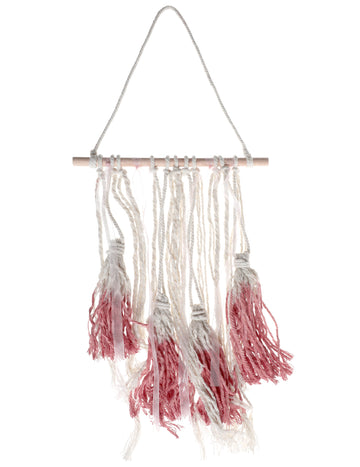 Fa függődekoráció piros bojtokkal, 24 x 50 cm cm makramé dekoráció