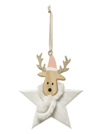 Suspension en bois renne étoile pour sapin avec bonnet rose et écharpe blanche