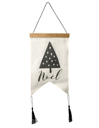 Tenture en lin noël graphique pour décoration blanc et noir avec pompons