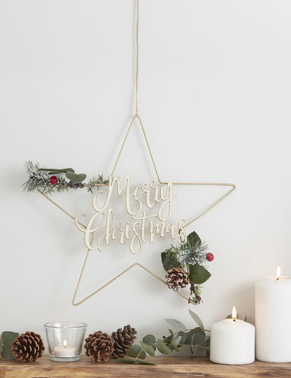 Arany vidám karácsonyi csillag fém akasztódísz 32 cm karácsonyfadíszítés