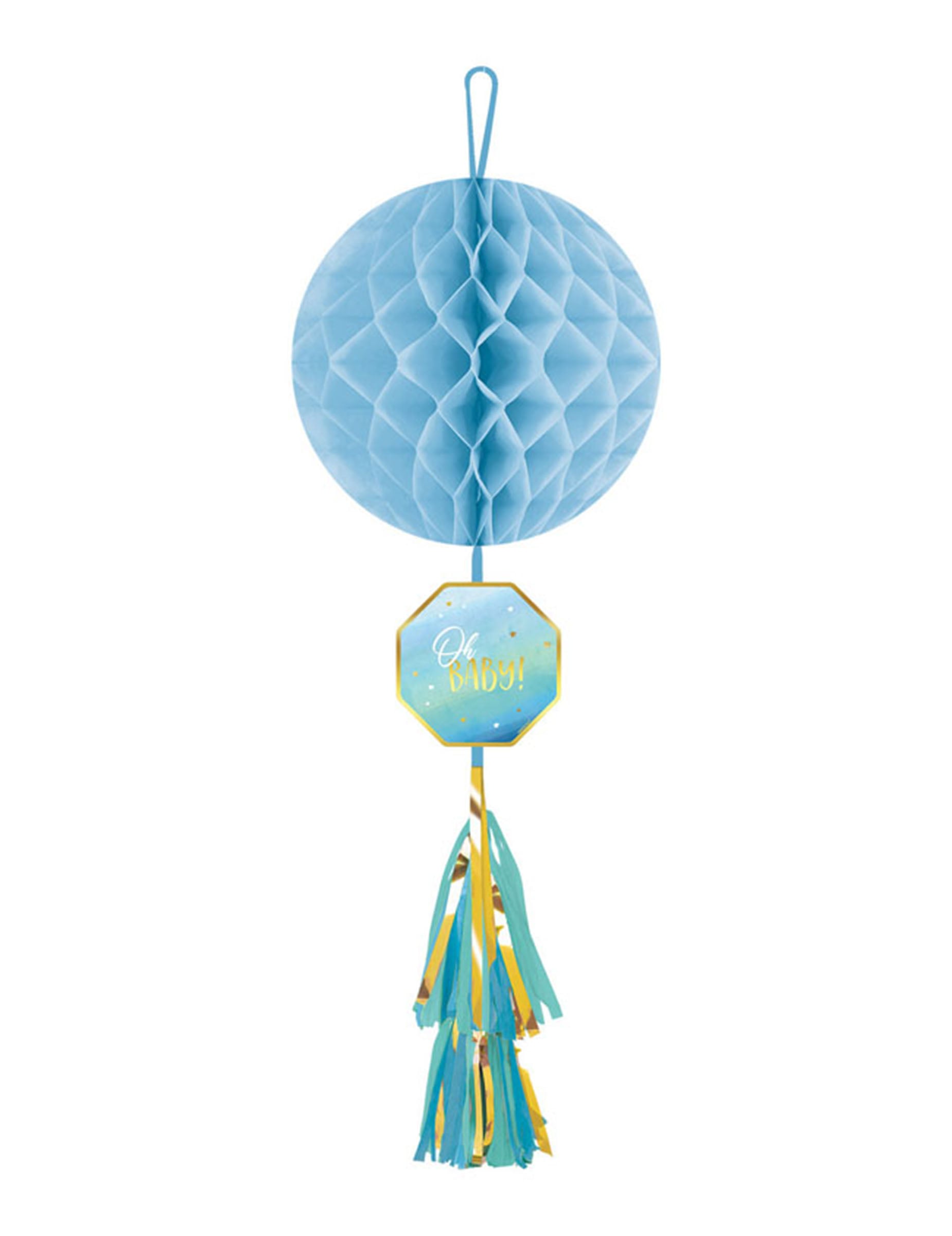 Suspension en papier alvéolé Oh Baby pour baby shower bleu et or avec tassel