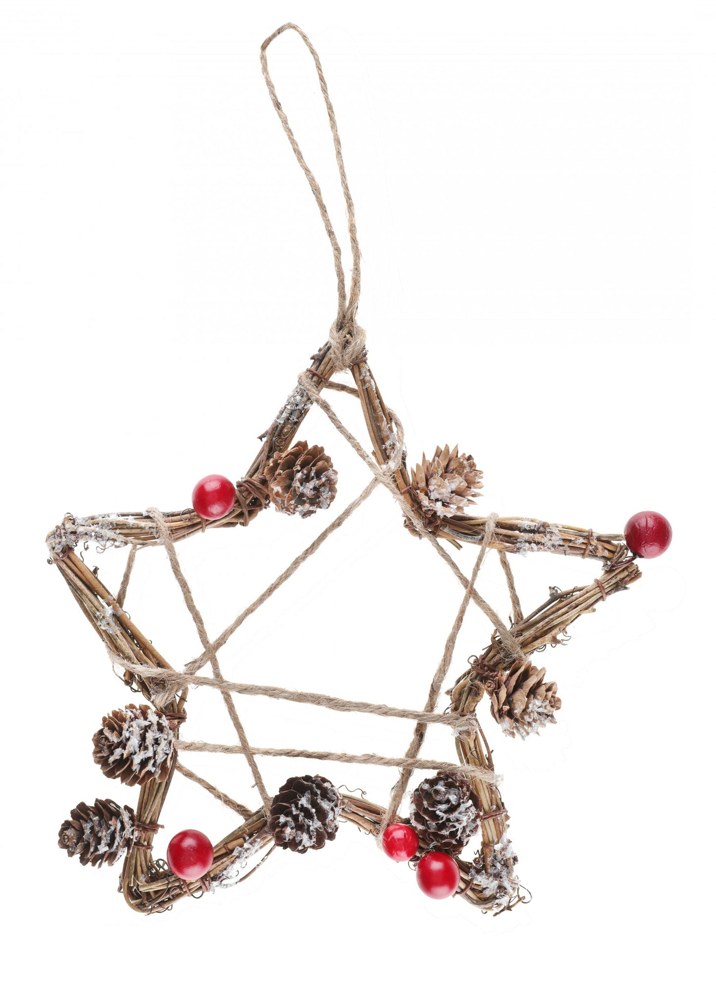 Természetes fa csillag alakú függőlámpa 20 x 32 cm bogyókkal és fenyőtobozokkal