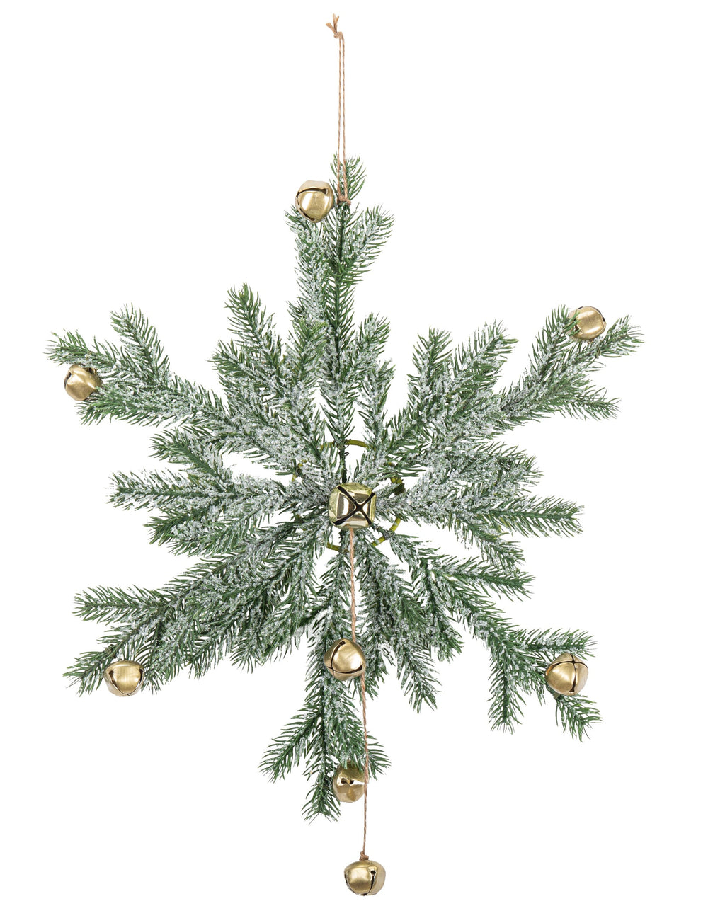 Suspension flocon de neige branches de sapin pour Noël vert enneigé avec grelots or