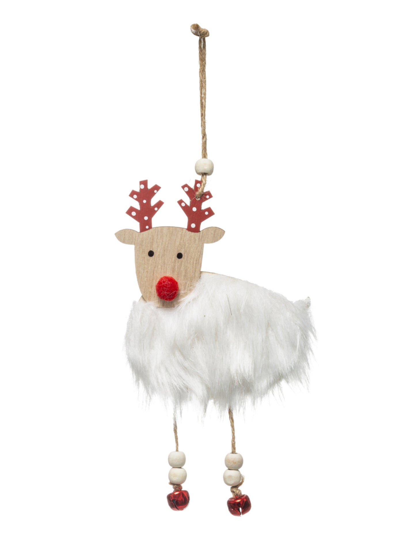 Fehér és piros bundás rénszarvasos függődísz 18 cm 