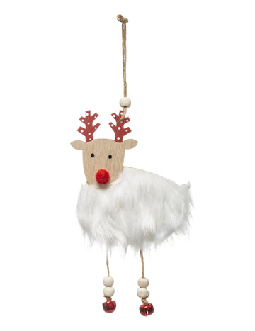 Fehér és piros bundás rénszarvasos függődísz 18 cm 