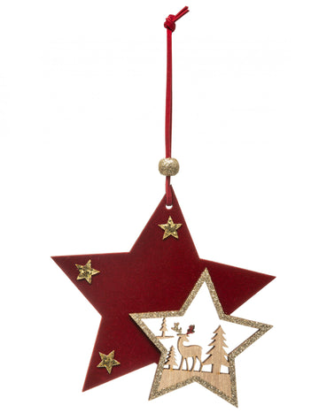 Piros és arany csillag alakú fa függődísz 12 cm 