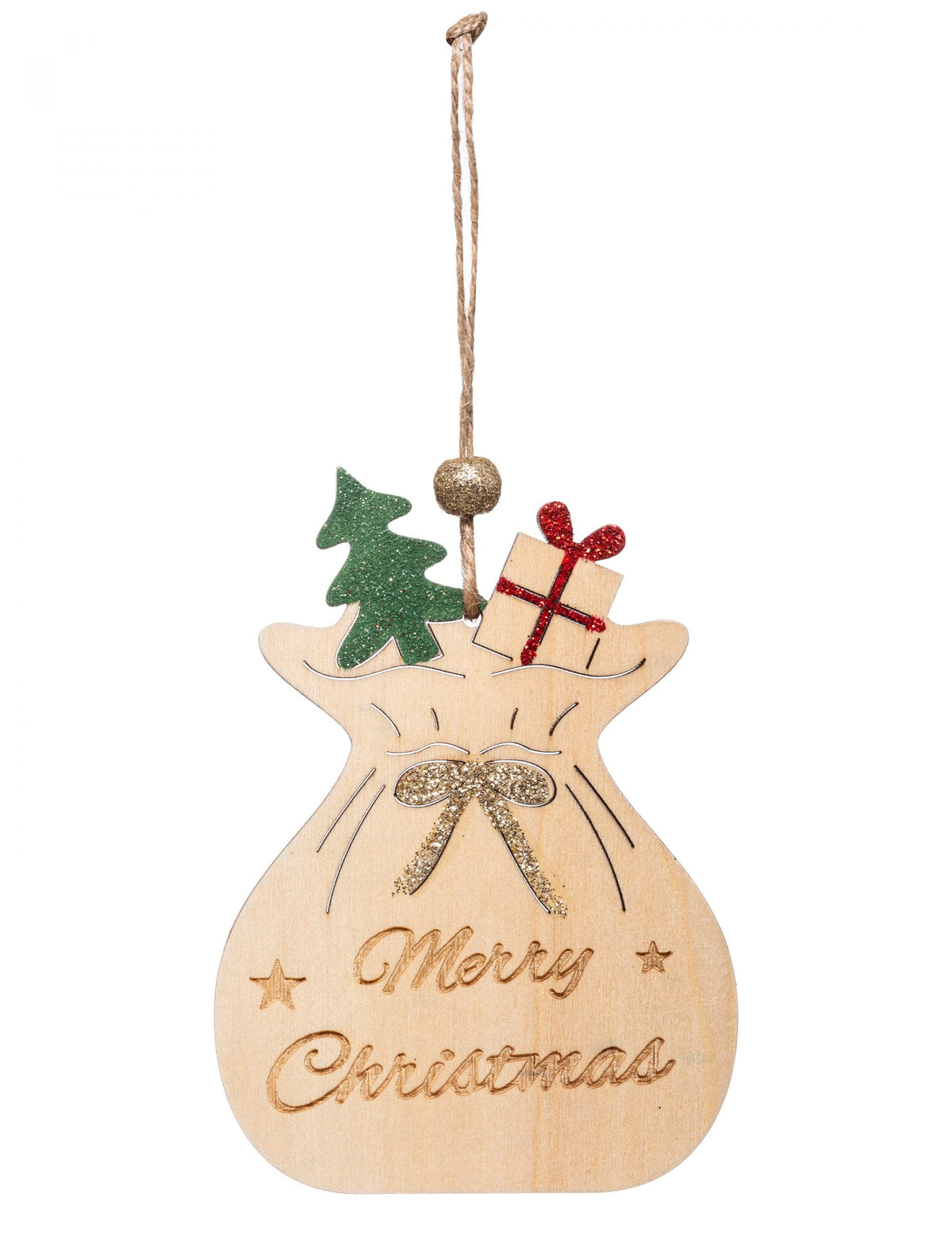 Suspension en bois hotte du père Noël naturel avec sapin vert et cadeau rouge