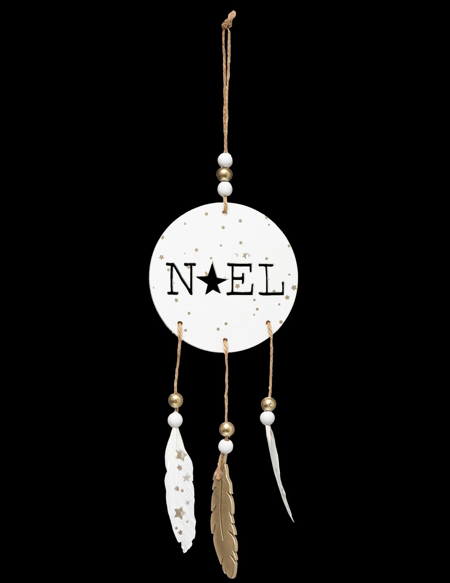 Suspension en bois Noël boho et plumes pour décoration blanc et doré