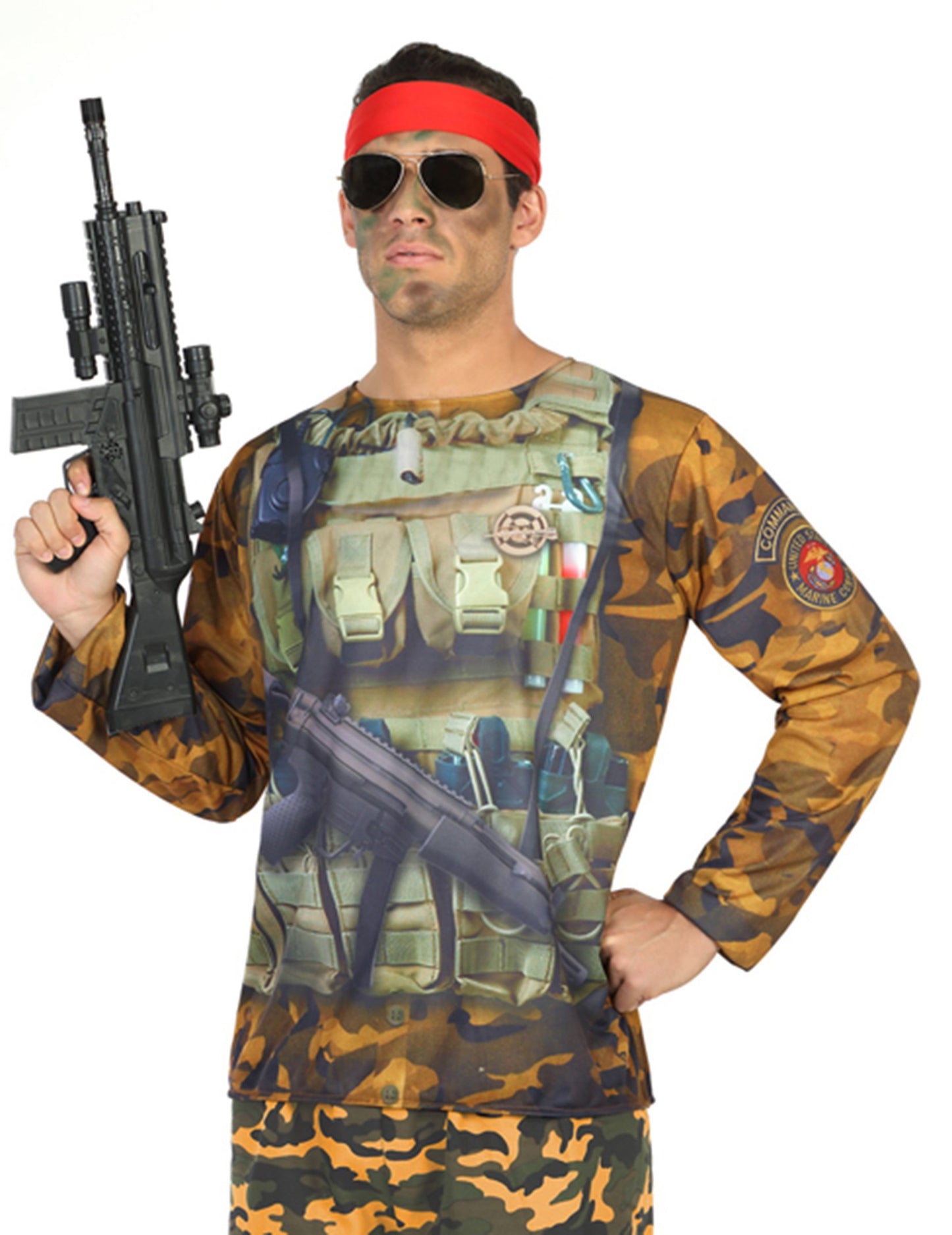 T-shirt militaire pour homme camouflage orange et vert avec bandeau rouge