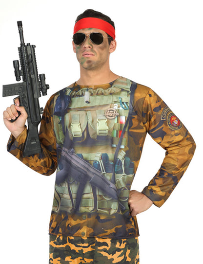 T-shirt militaire pour homme camouflage orange et vert avec bandeau rouge