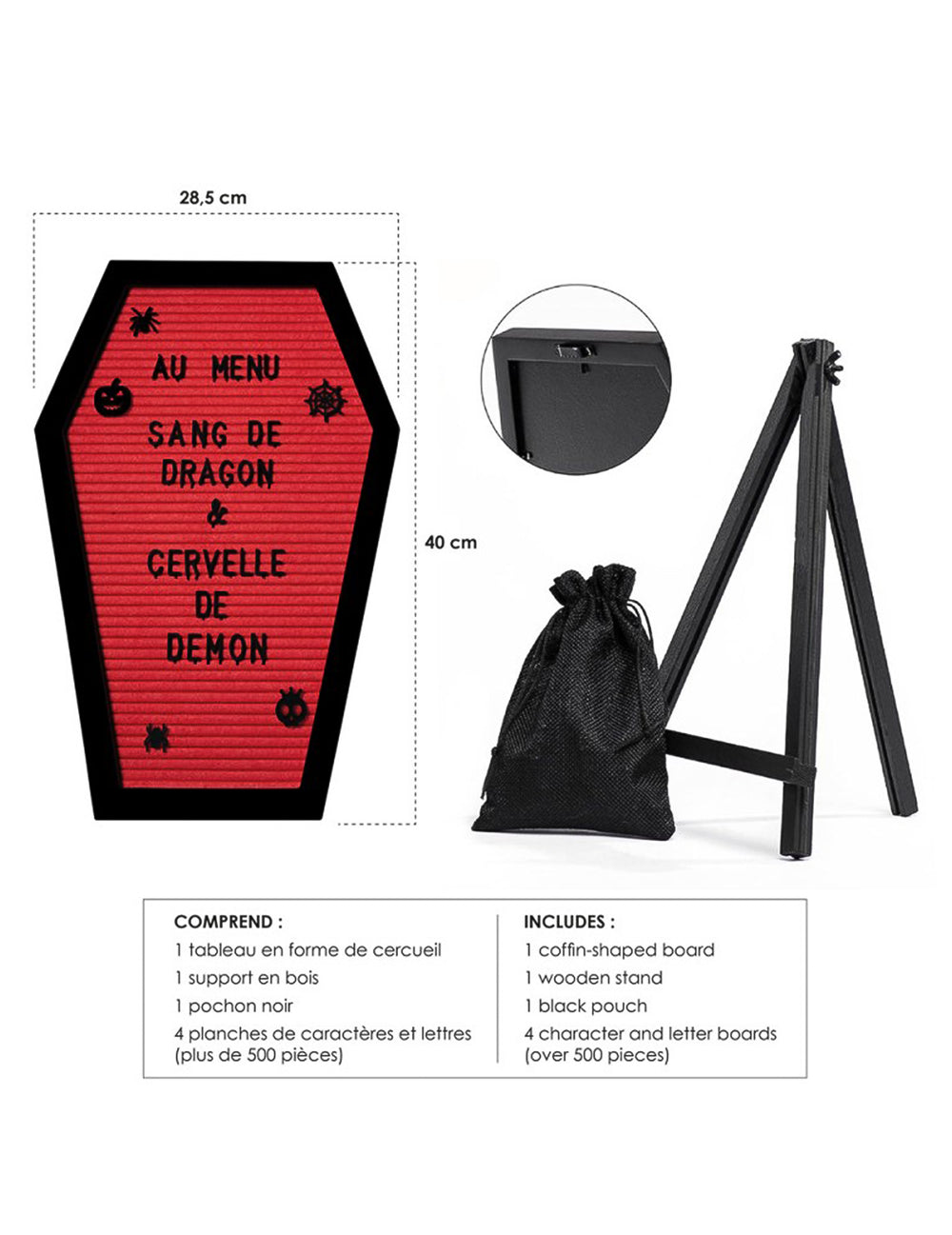 Détail des accessoires et dimensions du tableau cercueil personnalisable pour décoration