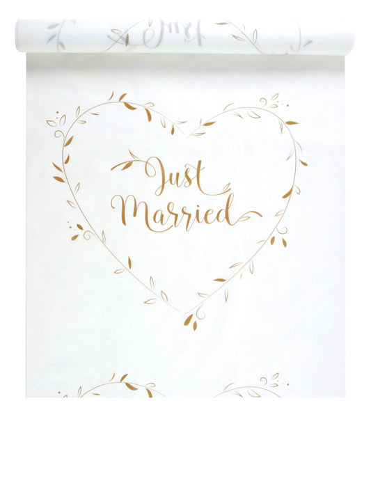 Tapis de cérémonie Just Married pour mariage blanc et or avec motif cœur feuillage