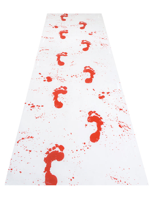 Tapis traces ensanglantées pour Halloween blanc avec empreintes de pieds rouges