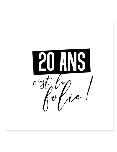 Tatouage éphémère 20 ans c'est la folie pour adulte noir et blanc