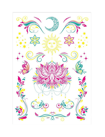Tatouages ornementaux UV pour adulte multicolores fluo avec motifs soleil et lotus
