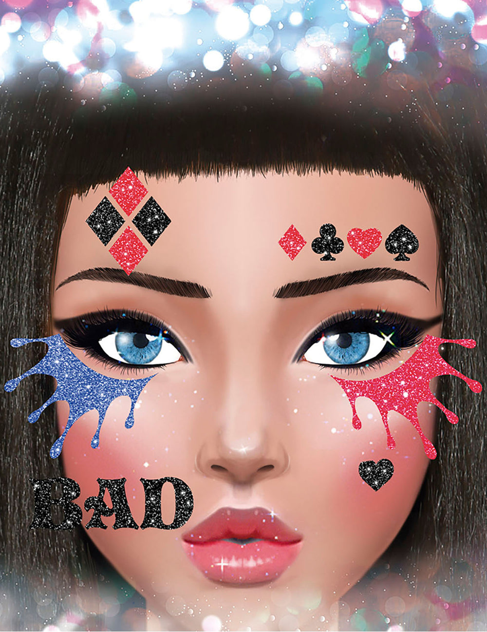 Mise en situation sur le visage des tatouages pailletés arlequin maléfique