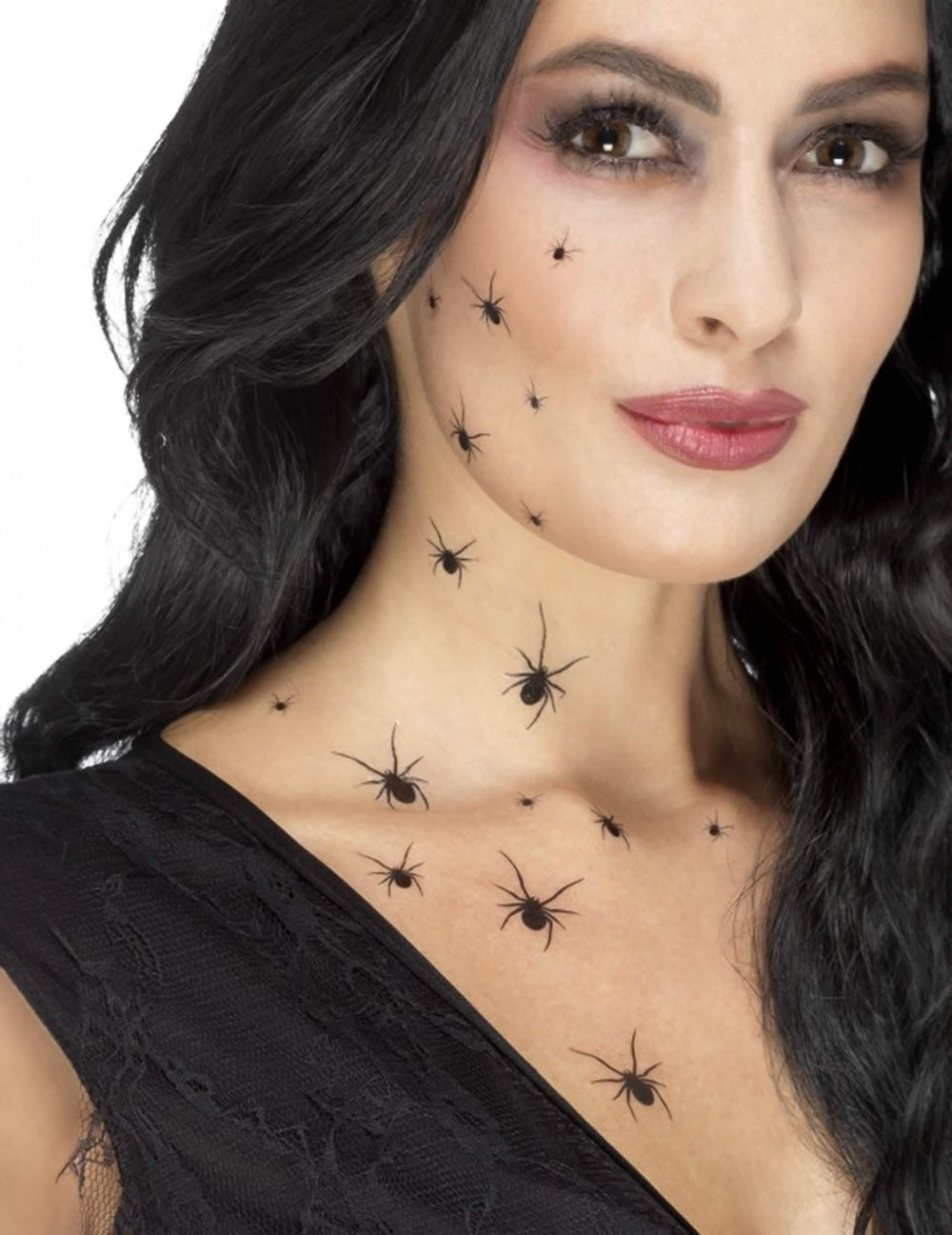 Ideiglenes halloween tetoválások pókokkal, női, fekete, az arcon és a nyakon