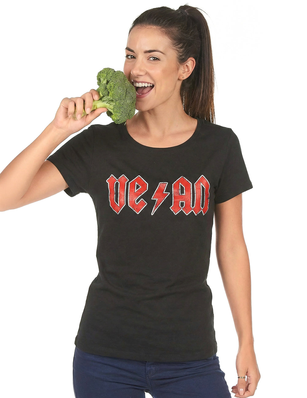 Tee-shirt Vegan pour femme noir avec logo rouge style rock