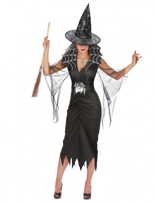 Női pókboszorkány jelmez seprűvel és kalappal, Halloween