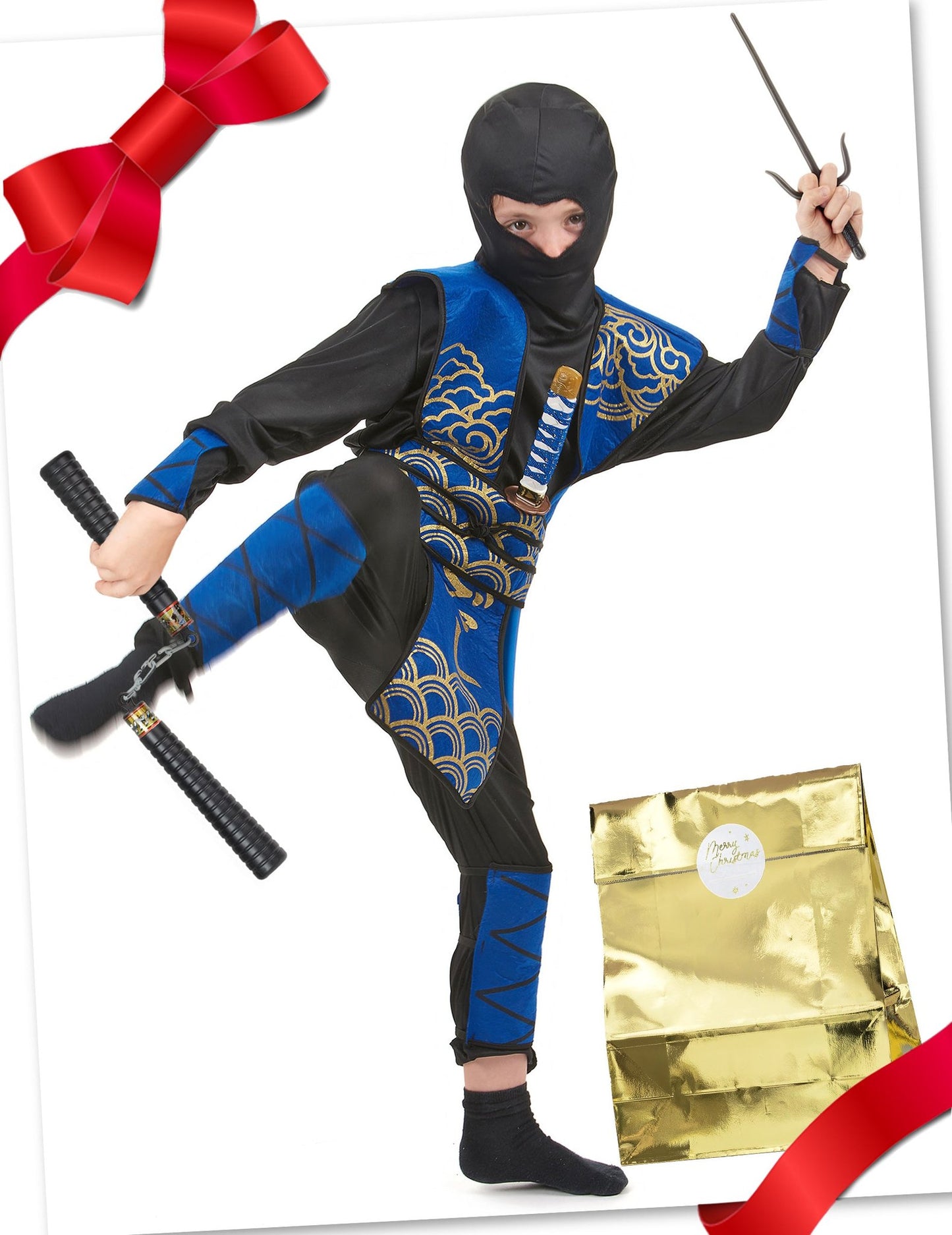 Coffret cadeau déguisement ninja bleu avec accessoires enfant