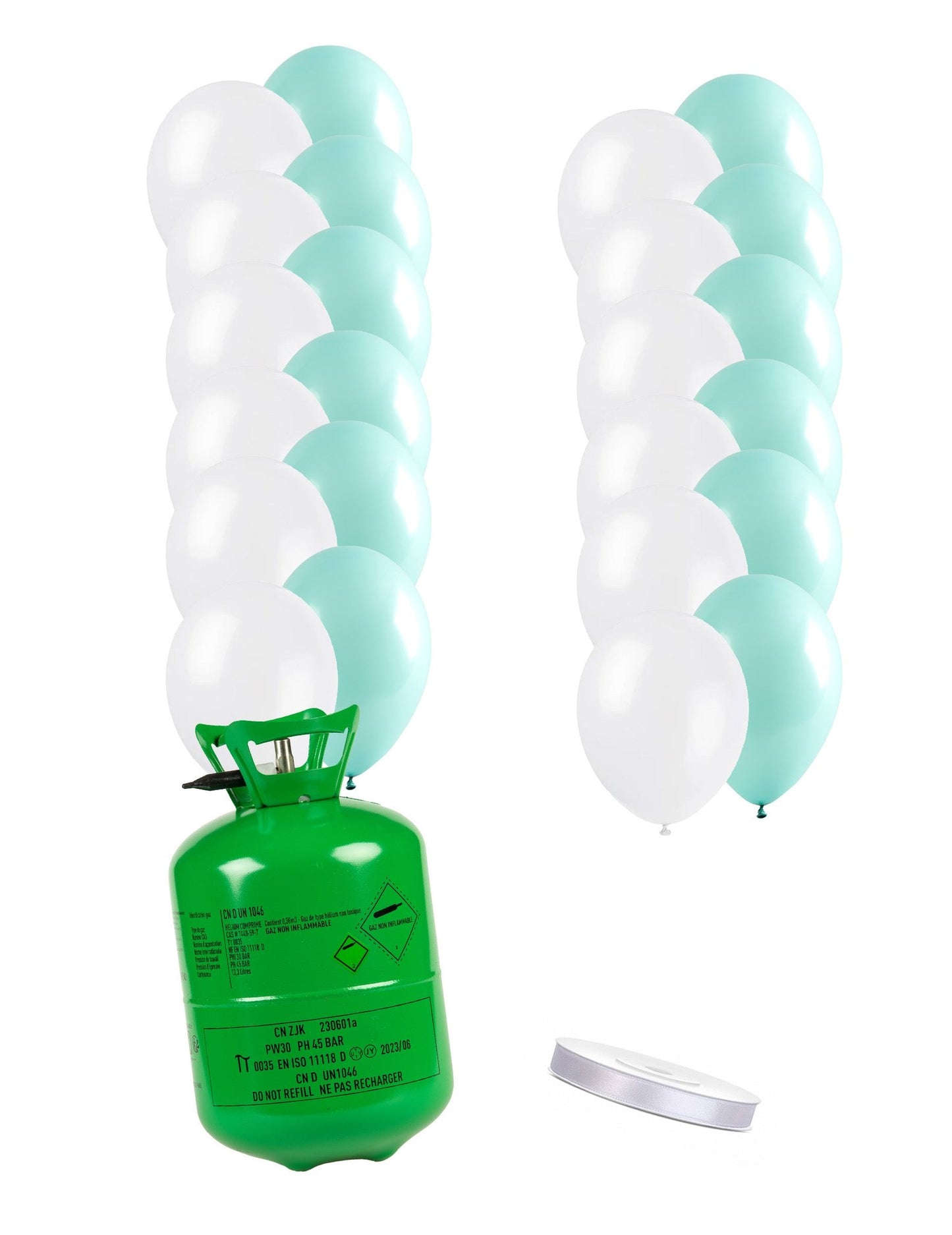 Kit bouteille d'hélium avec 12 ballons couleur menthe 12 ballons blancs et ruban