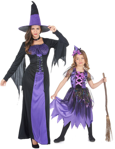lila boszorkány anya-lánya páros jelmez Halloweenre
