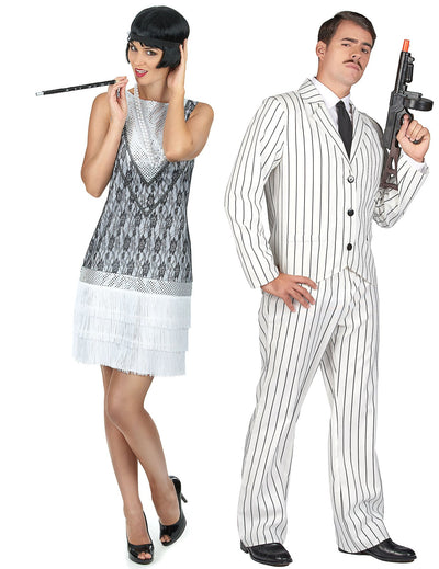 Déguisement de couple gangster blanc et charleston blanche adultes