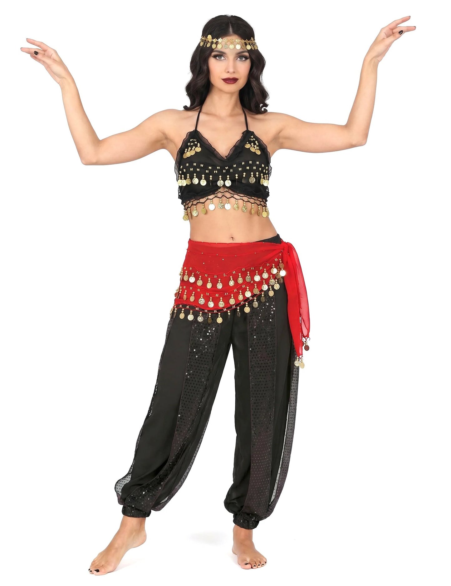 Déguisement complet danseuse orientale noir et rouge femme