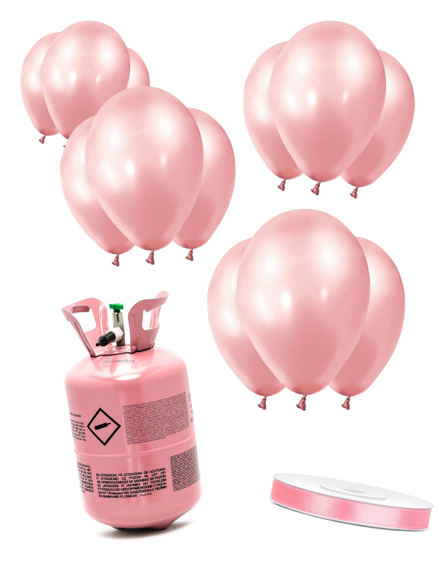 Kit bouteille d'hélium avec 12 ballons rose gold et ruban satin