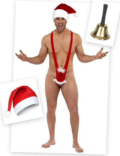 Pack déguisement Mankini Père Noël  avec bonnet et cloche