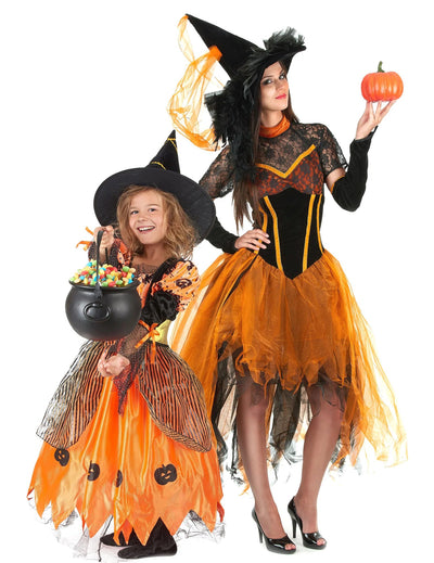narancssárga boszorkány anya-lánya páros jelmez Halloweenre
