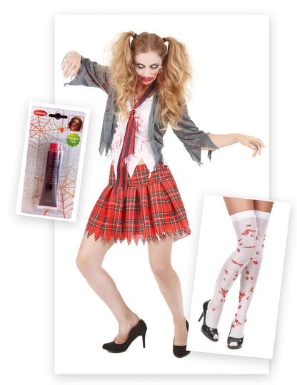 Zombi iskoláslány jelmezcsomag művérrel és harisnyával Halloweenre