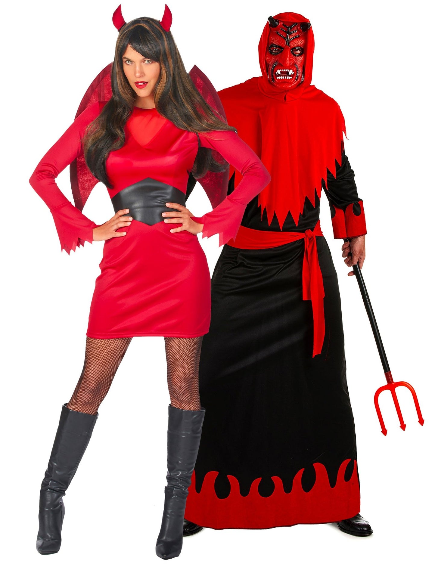 Piros démoni ördög és ördögnő páros jelmez Halloweenre, felnőtteknek