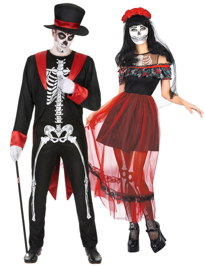 Elegáns csontváz páros jelmez Día de los Muertos vörös-fekete Halloween felnőtt