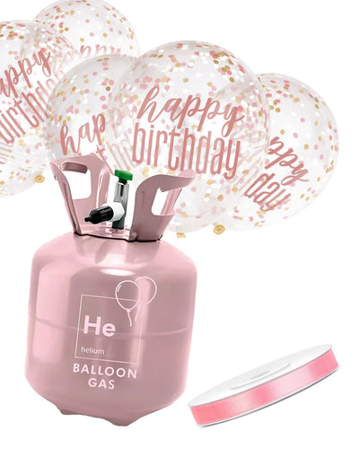 Hélium palack készlet 6 konfettis Happy Birthday lufival és szalaggal