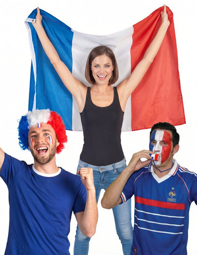Francia szurkolói szett: paróka, köpeny és mini trombita