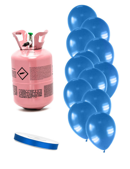 Héliumos palack készlet 12 sötétkék metálfényű lufival és egy szalaggal