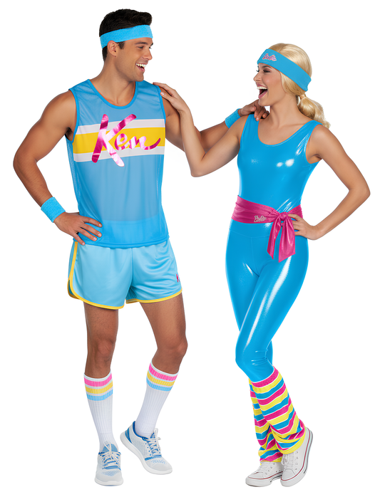 Déguisement de couple Barbie et Ken aérobic pour adultes bleu et rose avec bandeaux