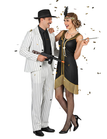 Felnőtt gengszterpár jelmez: fehér, fekete és arany Charleston
