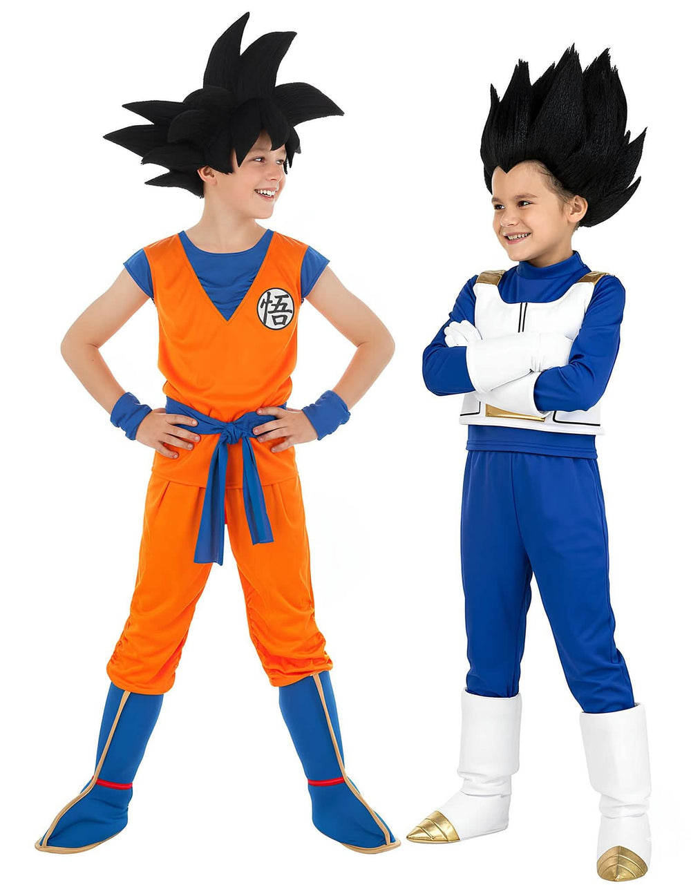 Déguisement de couple Goku et Vegeta Dragon Ball Z™ pour enfant orange et bleu avec perruques