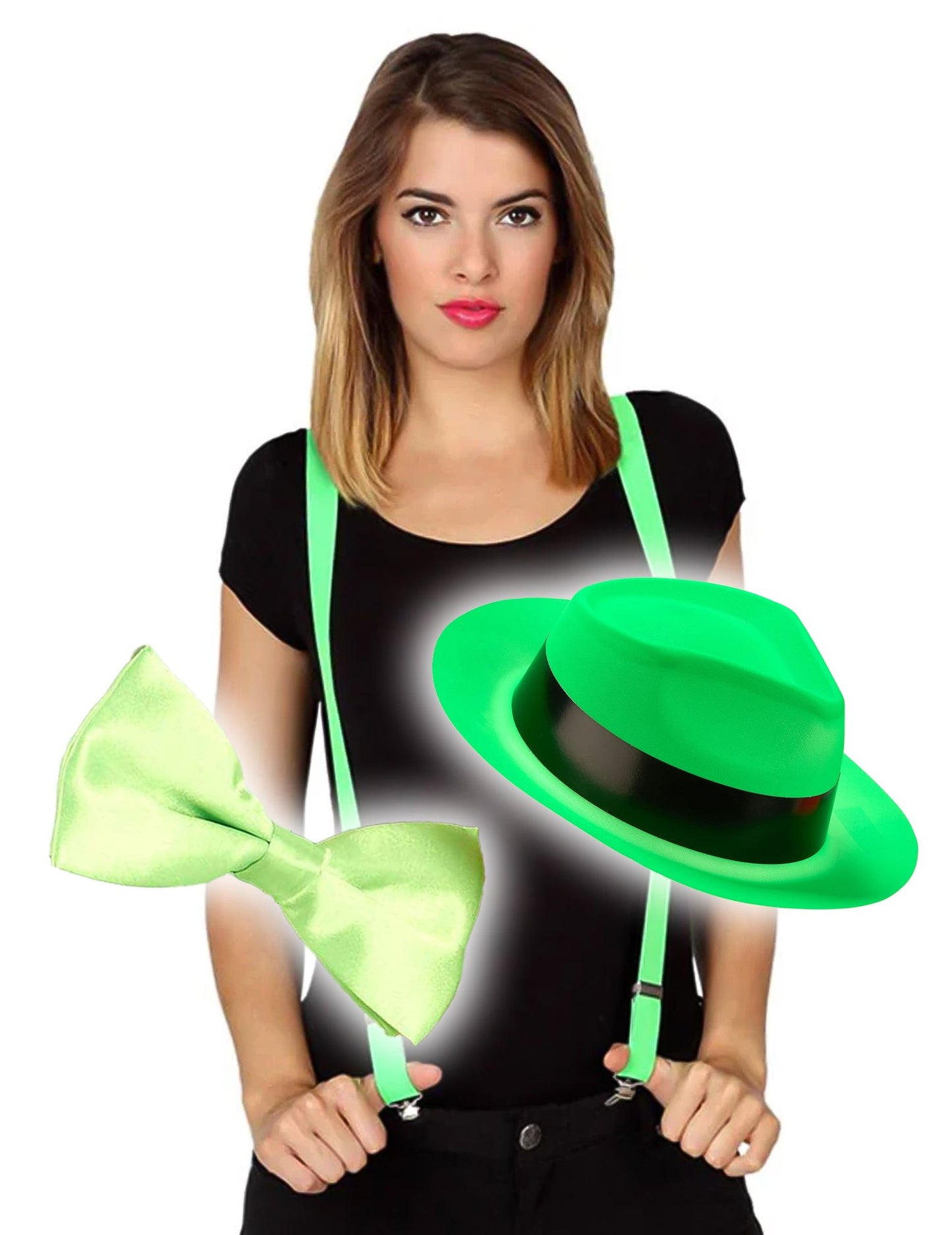 Kit accessoires bretelles chapeau et nœud papillon vert fluo adulte