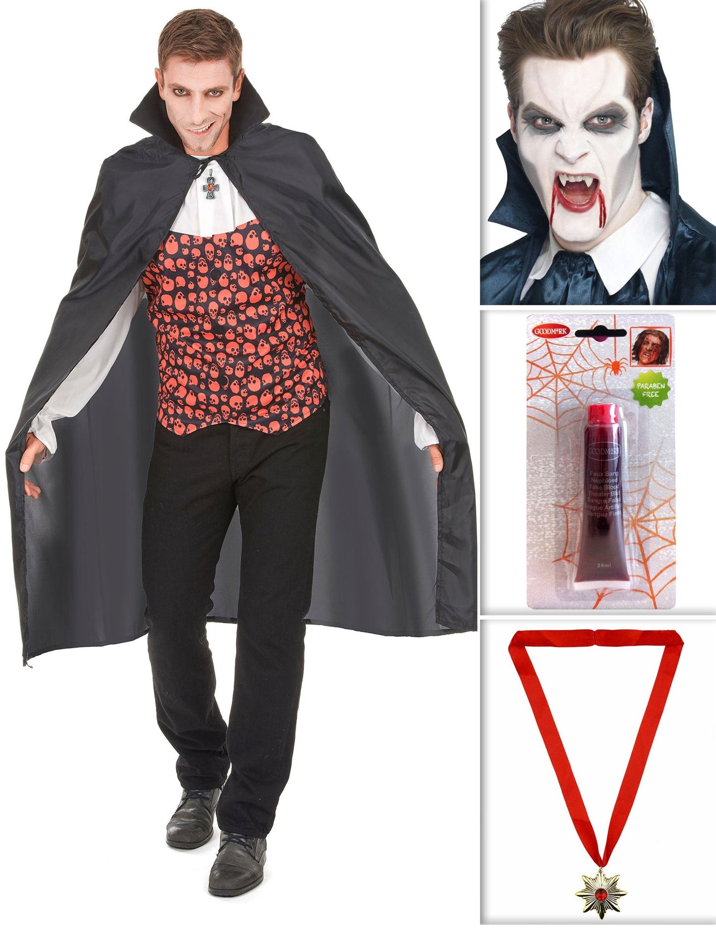 Vámpír szett köpennyel, fogakkal, művérrel és Halloween medállal