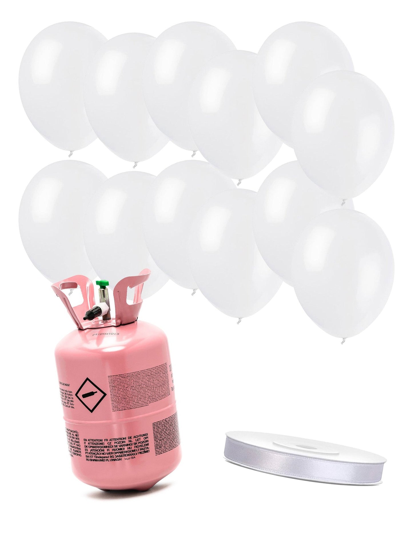 Kit Bouteille d'hélium avec 12 ballons blancs et ruban