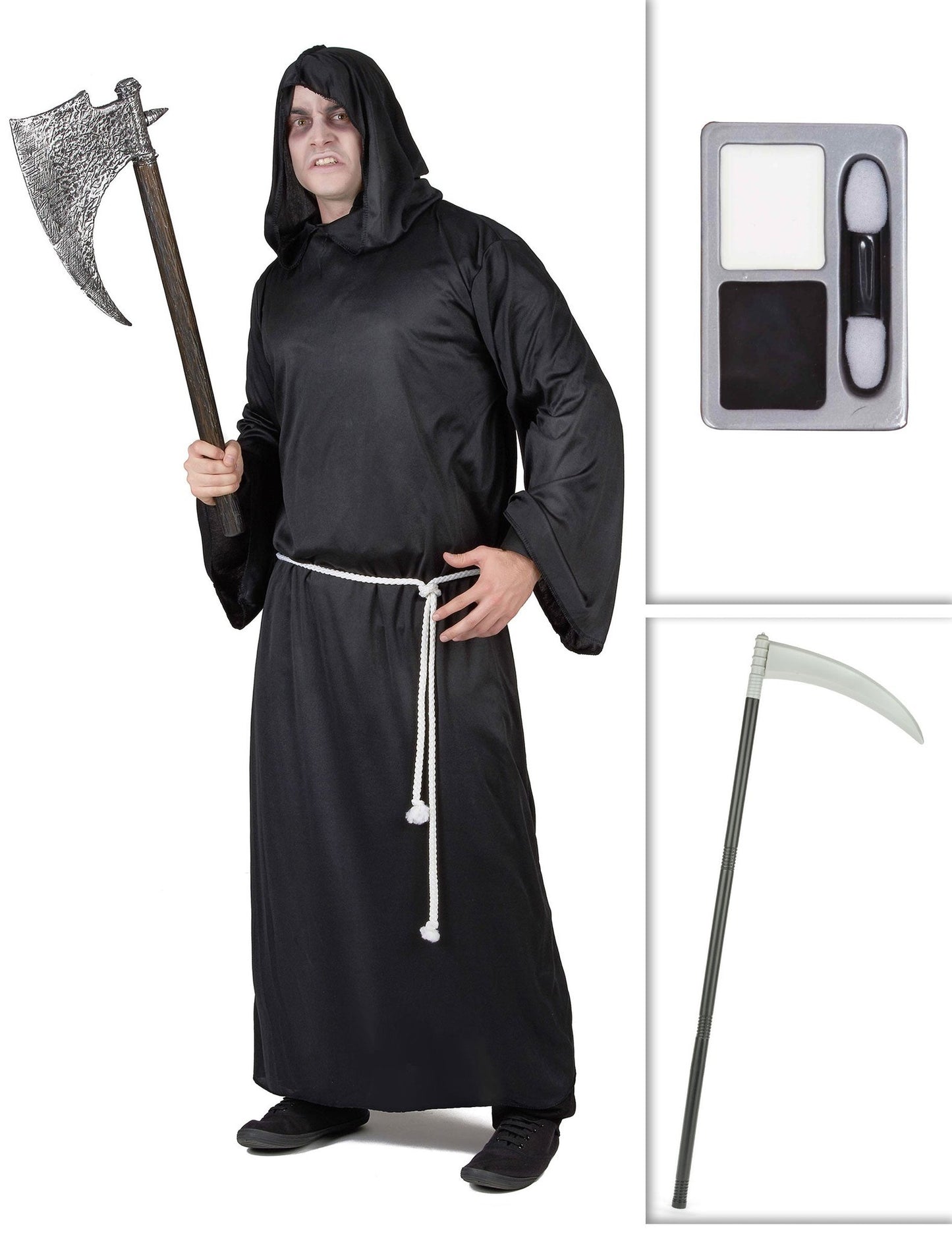 Halálkaszás jelmezcsomag kaszával és Halloween sminkkel