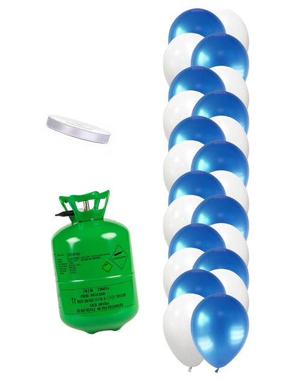 Kit bouteille d'hélium avec 12 ballons blancs 12 ballons bleus et ruban