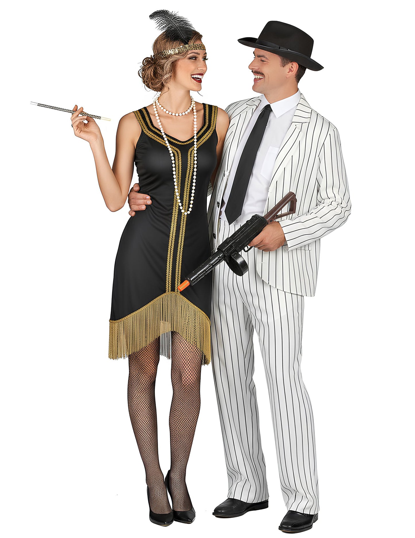 Felnőtt gengszterpár jelmez: fehér, fekete és arany Charleston